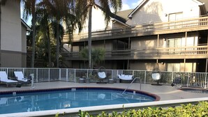 Una piscina con sillones de descanso y una pequeña zona de terraza, rodeada por una valla blanca y palmeras.