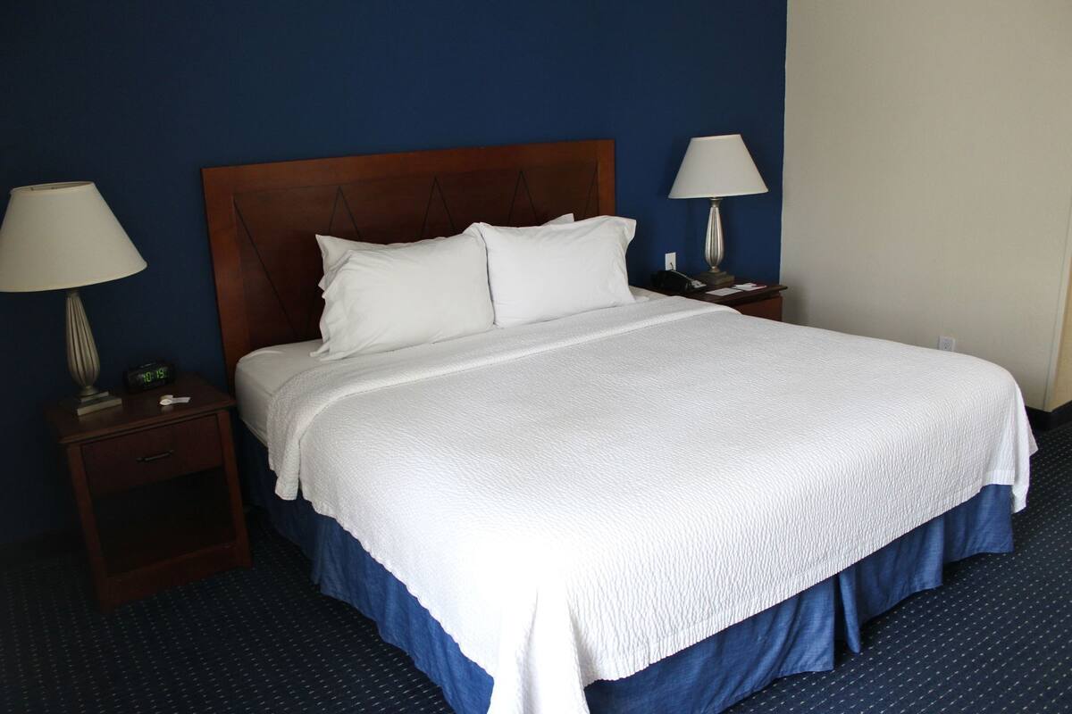Een hotelkamer met een groot bed, twee nachtkastjes en lampen.