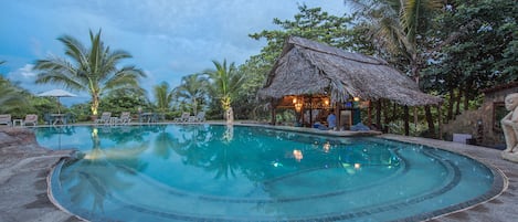 Outdoor pool, pool umbrellas, sun loungers