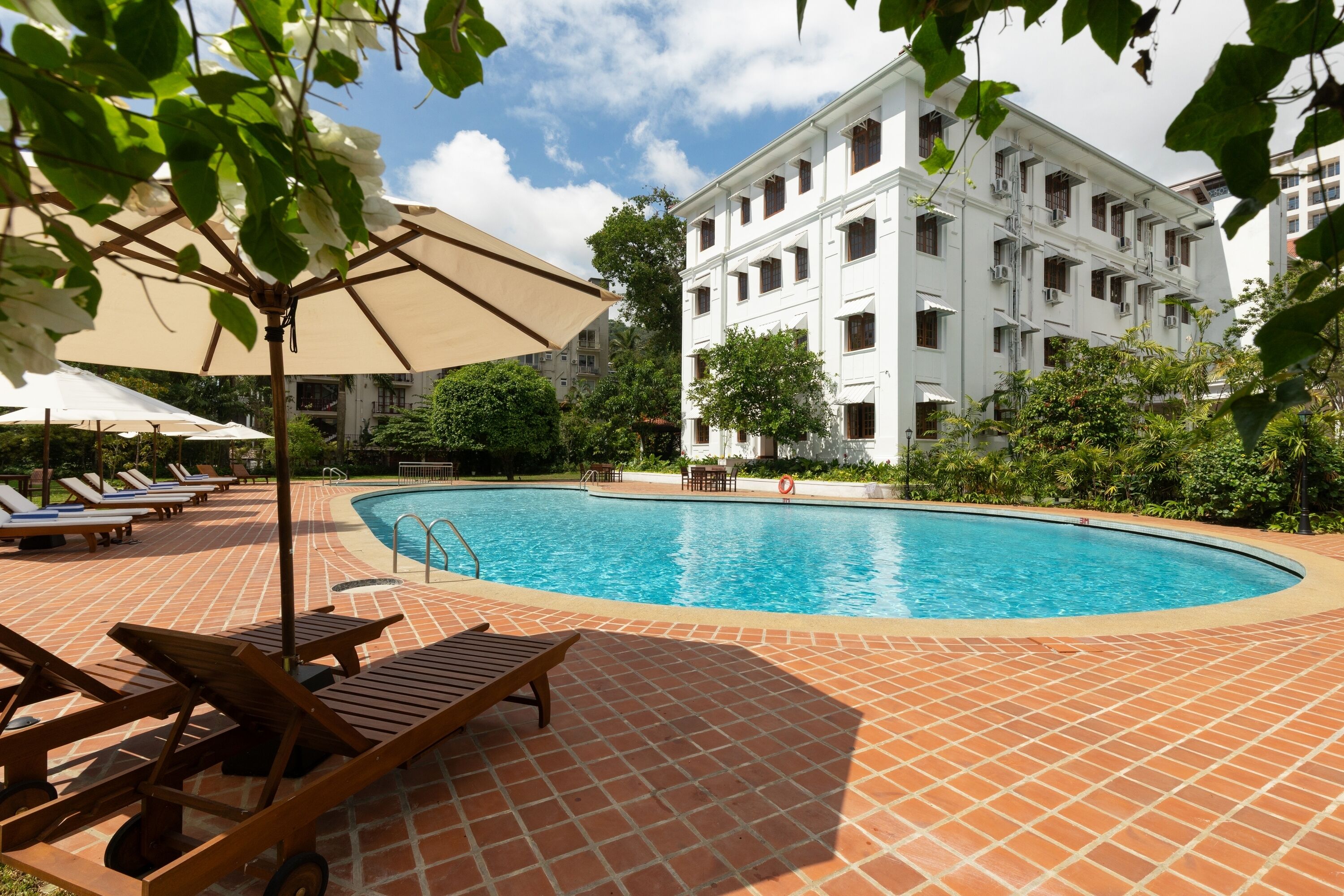 A swimming pool with lounge chairs and umbrellas, surrounded by greenery and a white building.