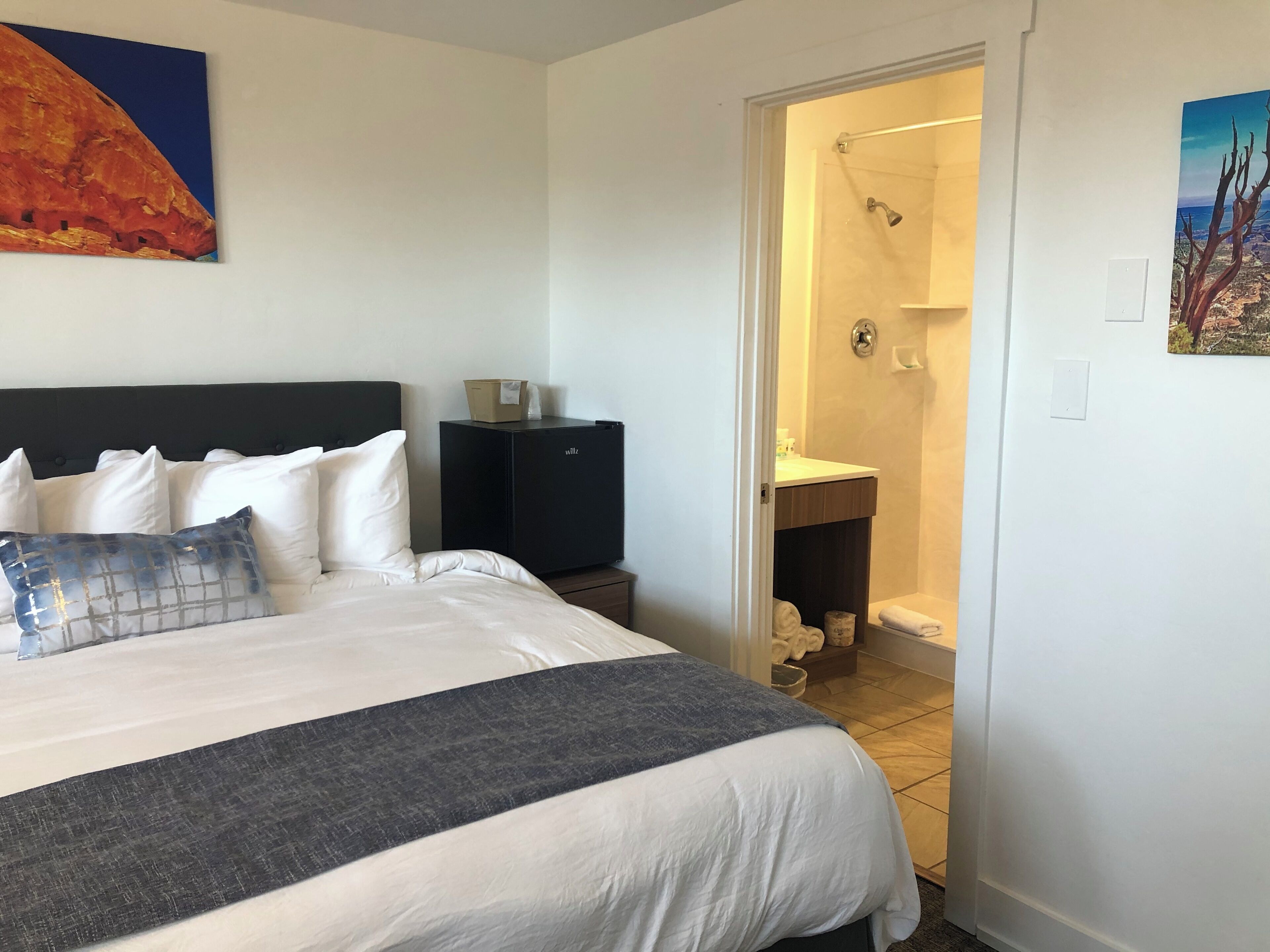 Une chambre d’hôtel avec un lit, un petit minibar noir, une salle de bain avec douche et un tableau au mur.