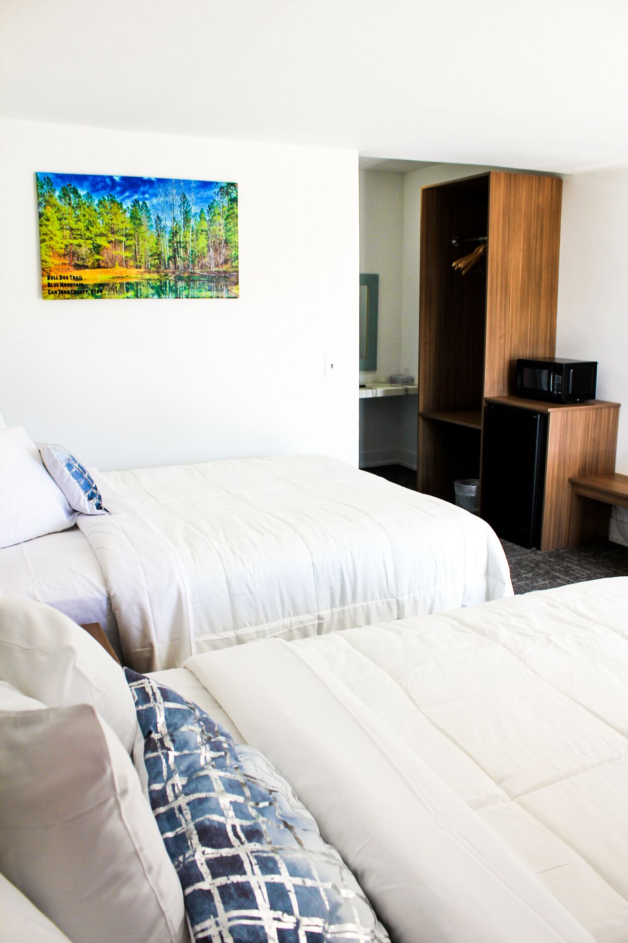 Une chambre d’hôtel avec deux lits, un tableau représentant une forêt, une armoire en bois et un four à micro-ondes.