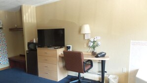 Quarto de hotel com uma escrivaninha, televisão, cadeira, pequeno frigorífico, luminária e uma planta.