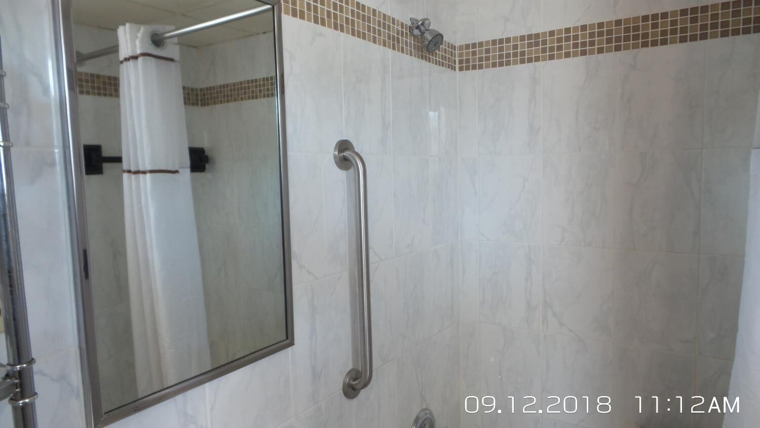 A bathroom with a handrail, a shower area, and a mirror.