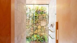 Un pasillo con pared de piedra y plantas, que conduce a una puerta de cristal.