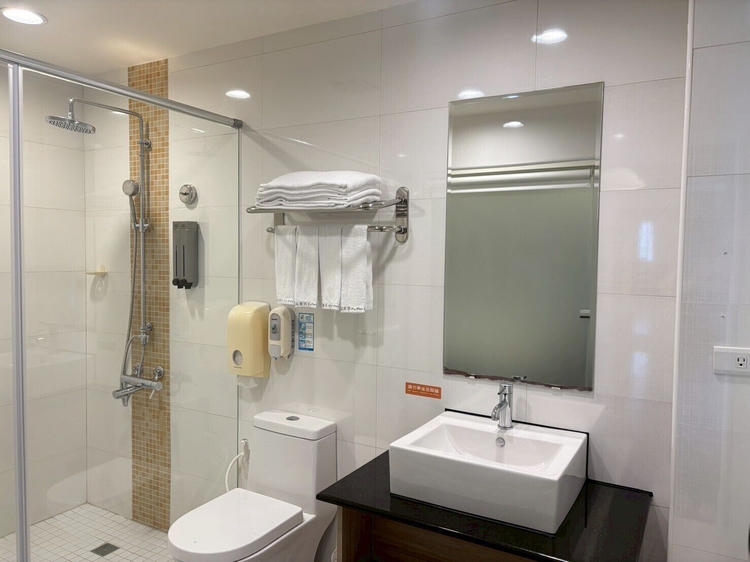 A modern bathroom with a glass-enclosed shower, a toilet, a sink, and a mirror.