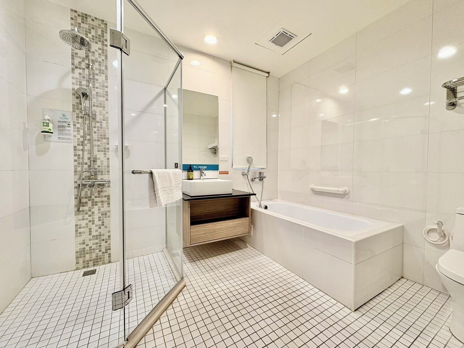A modern bathroom with a glass-enclosed shower, a large bathtub, and a sink with a mirror above it.