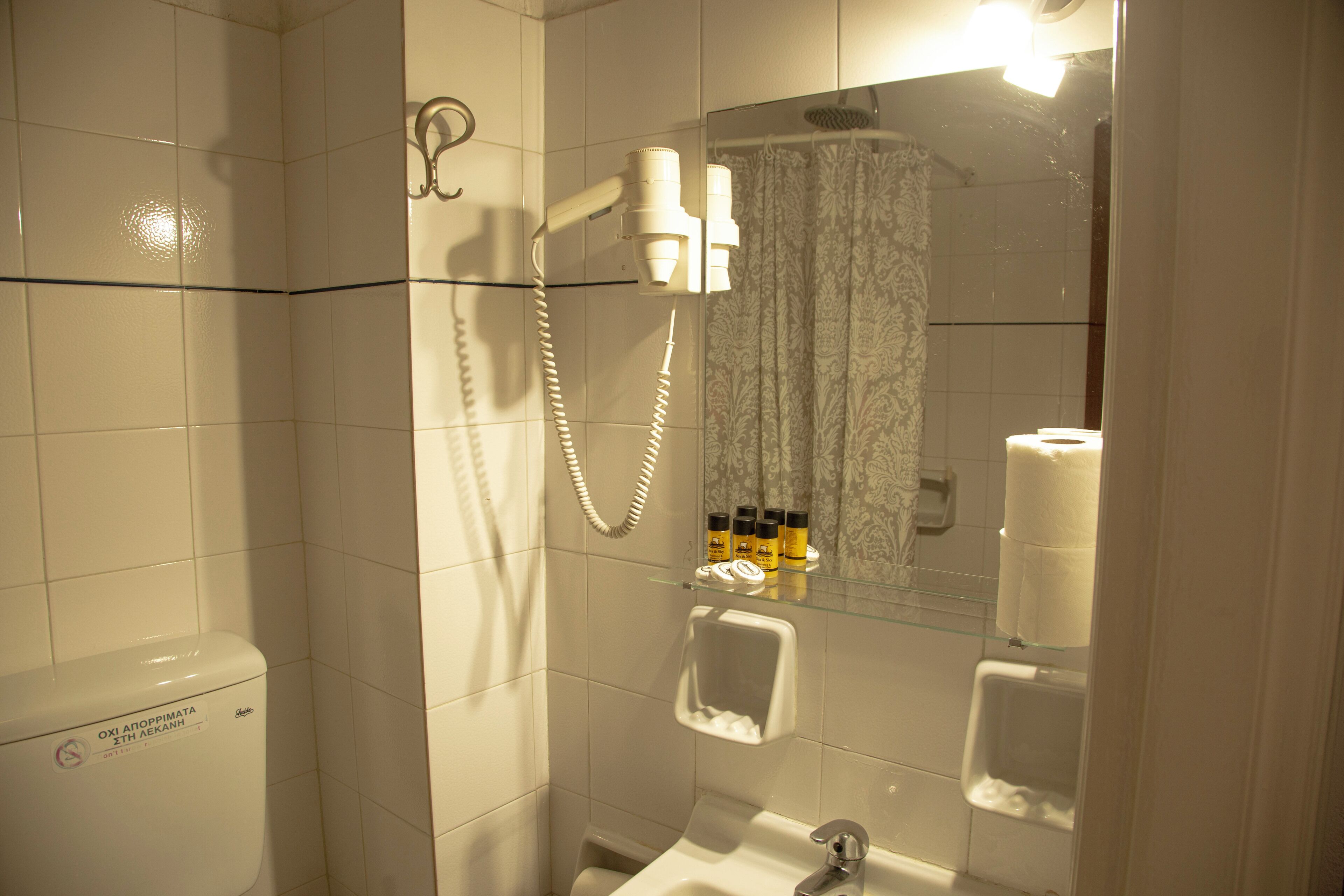 A bathroom with a toilet, a sink, a mirror, and a shower.