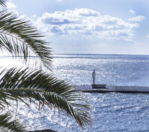 A coastal view with a pier extending into the sea, palm leaves in the foreground, and a clear sky. - Kastro Hotel (Ikaria)