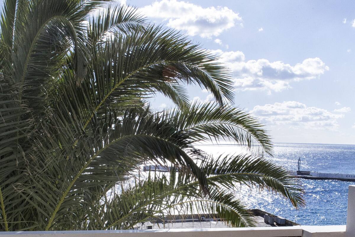 Un balcón con una mesa de vidrio y dos sillas de mimbre, con vistas a la costa, palmeras y el mar.