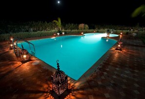 Outdoor pool, pool umbrellas, pool loungers