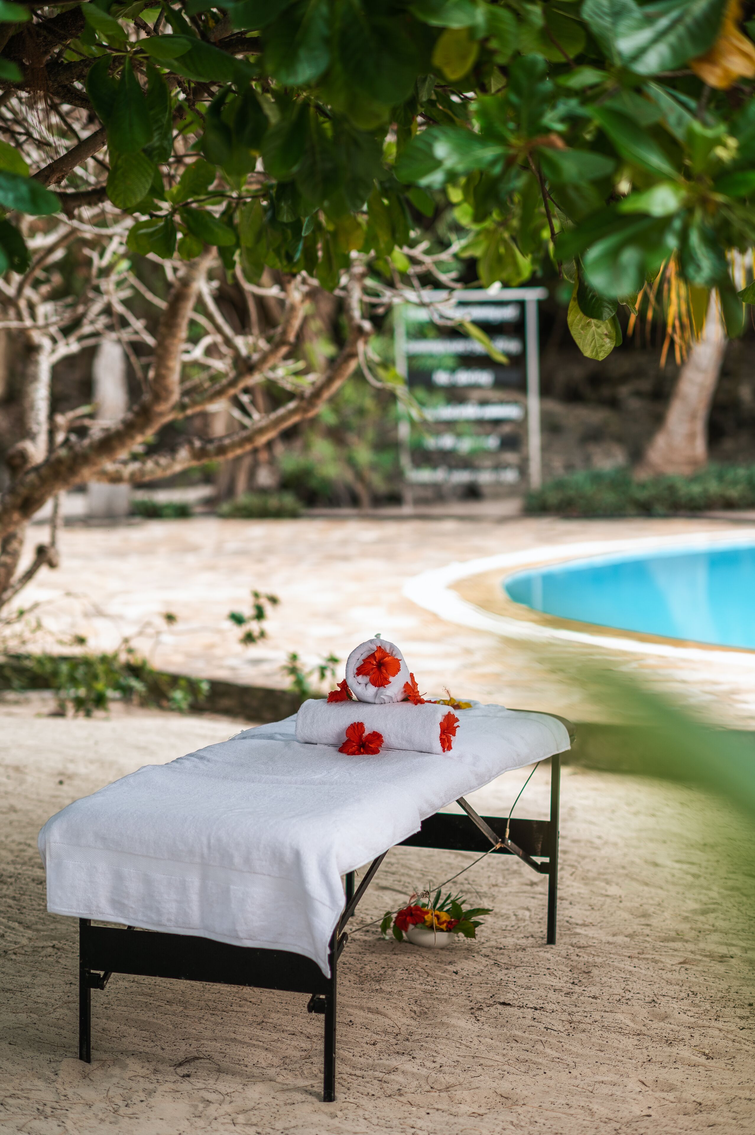 Uma espreguiçadeira com toalha branca e flores vermelhas, colocada perto de uma piscina e rodeada por vegetação.