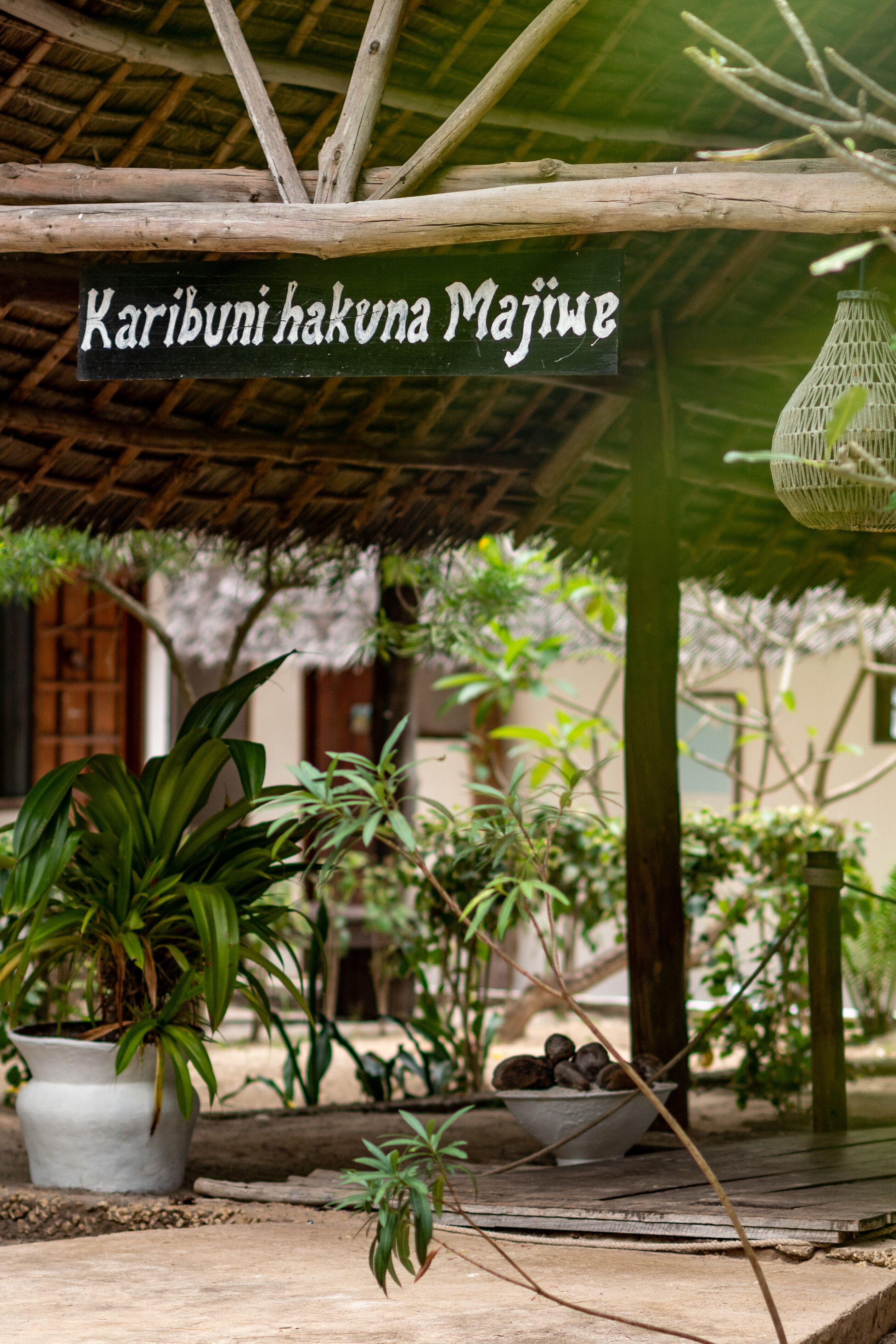 A covered outdoor area with a sign reading "Karibuni hakuna Majige," surrounded by potted plants and a rustic wooden structure.