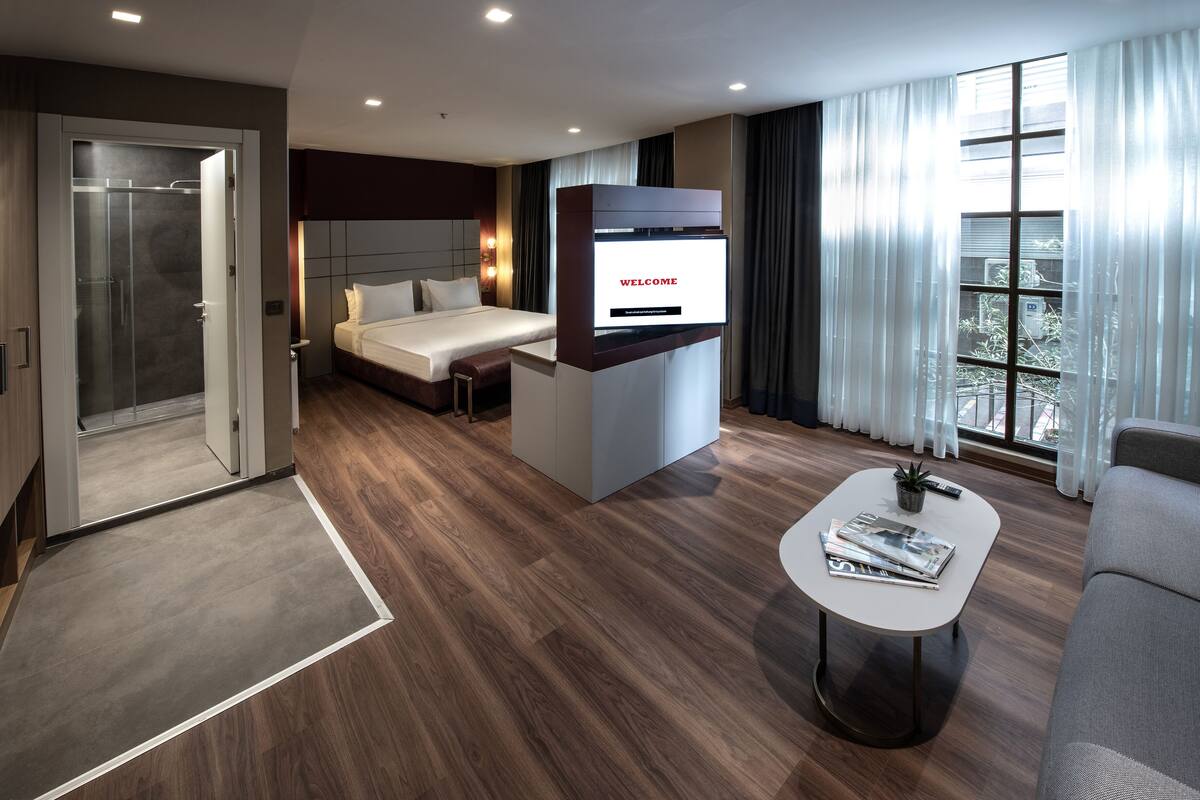 Une chambre d’hôtel moderne équipée d’un lit, d’une télévision, d’un canapé et d’une table basse.