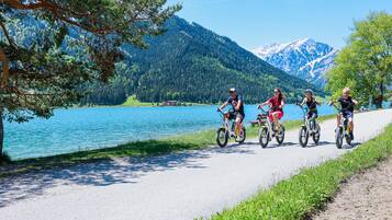 Un sendero pavimentado junto a un lago, con montañas al fondo.