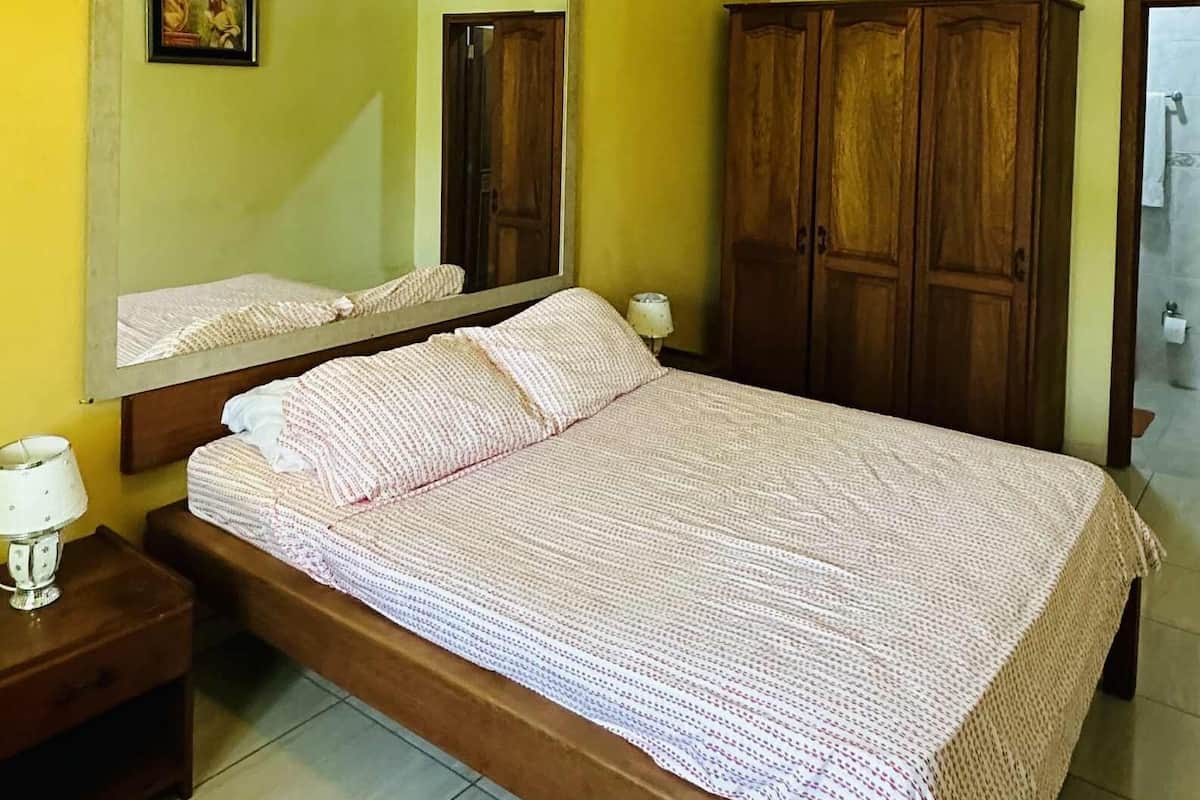 A bedroom with a large bed, wooden wardrobe, a mirror, a ceiling fan, and a nightstand with a lamp.