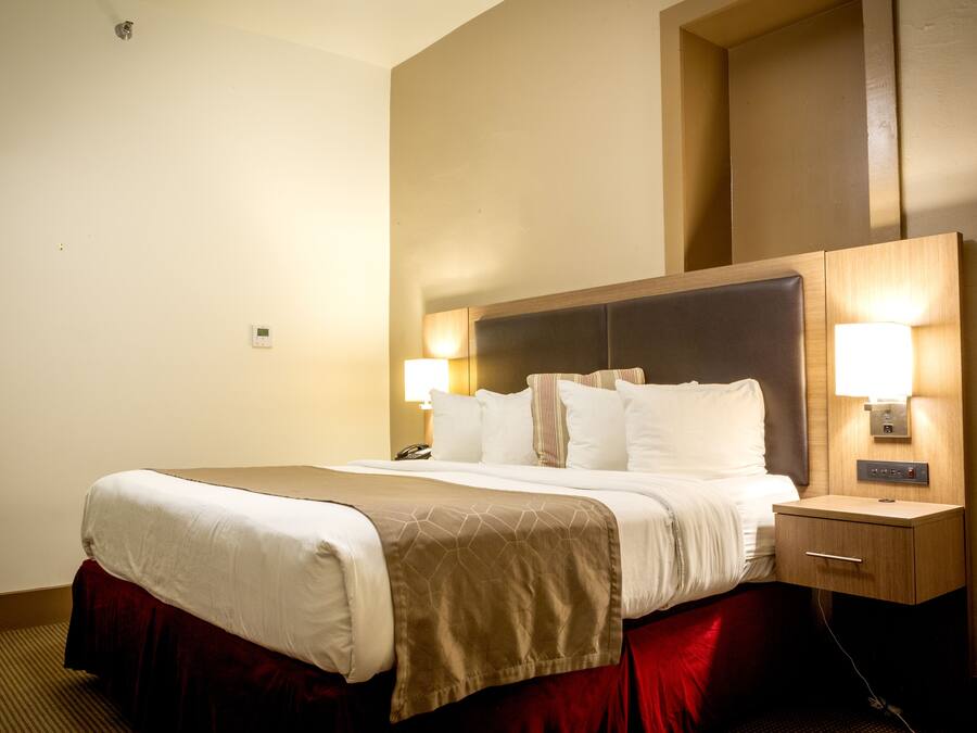 Una habitación de hotel con una cama grande, una mesita de noche con lámpara y un aire acondicionado instalado en la pared.