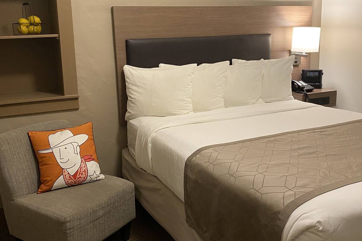 A hotel room with a bed, a nightstand with a lamp and phone, a chair with a pillow, and a shelf with fruits.
