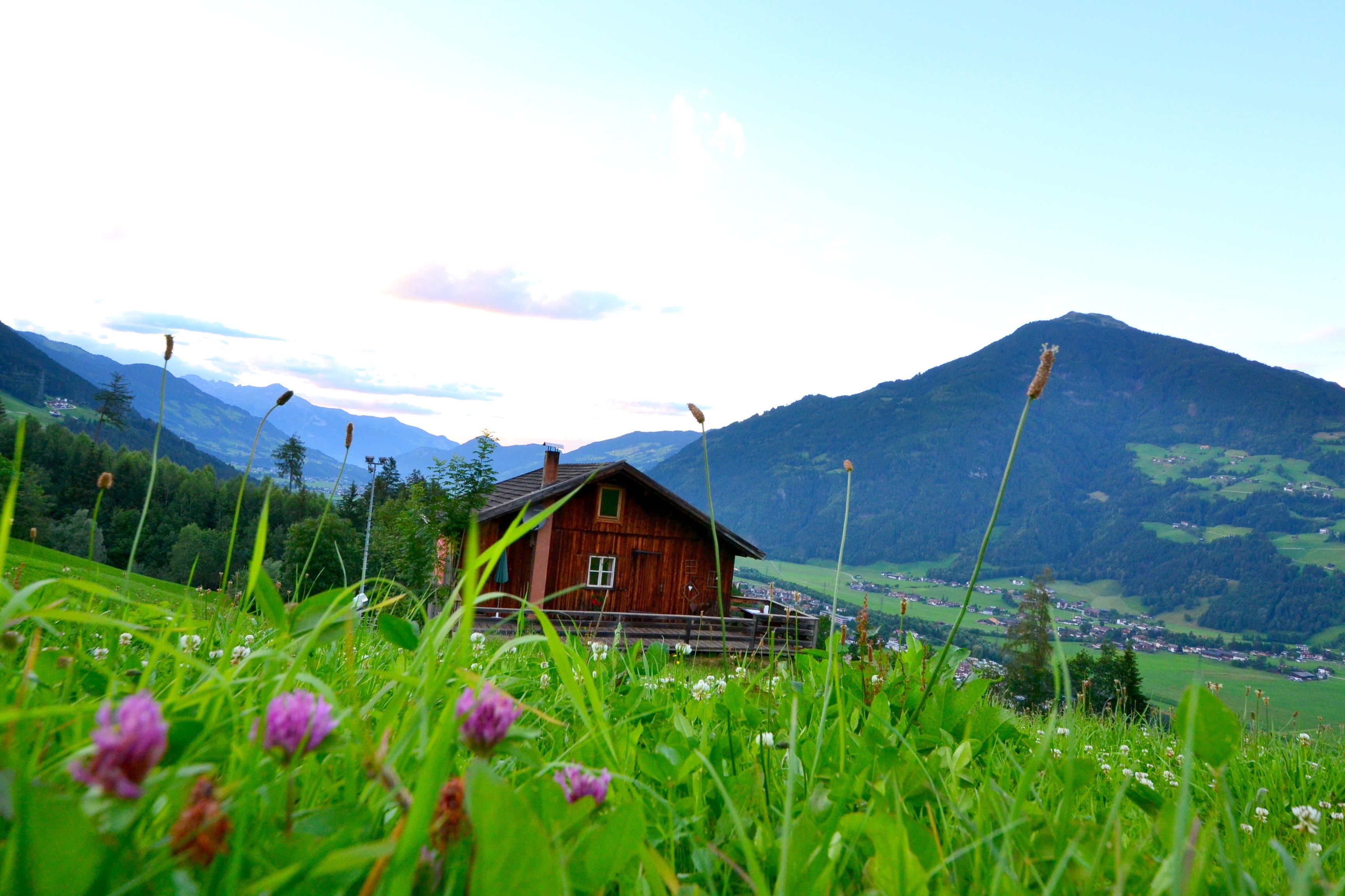 A wooden cabin with a sloped roof, surrounded by lush green fields and mountains in the background.