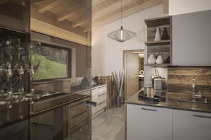 Luxury-Chalet, 4 Bedrooms, Whirlpool and Sauna, Mountain View | Private kitchen | Full-sized fridge, microwave, oven, stovetop - Chalets & Apartments Wachterhof (Kaltenbach)