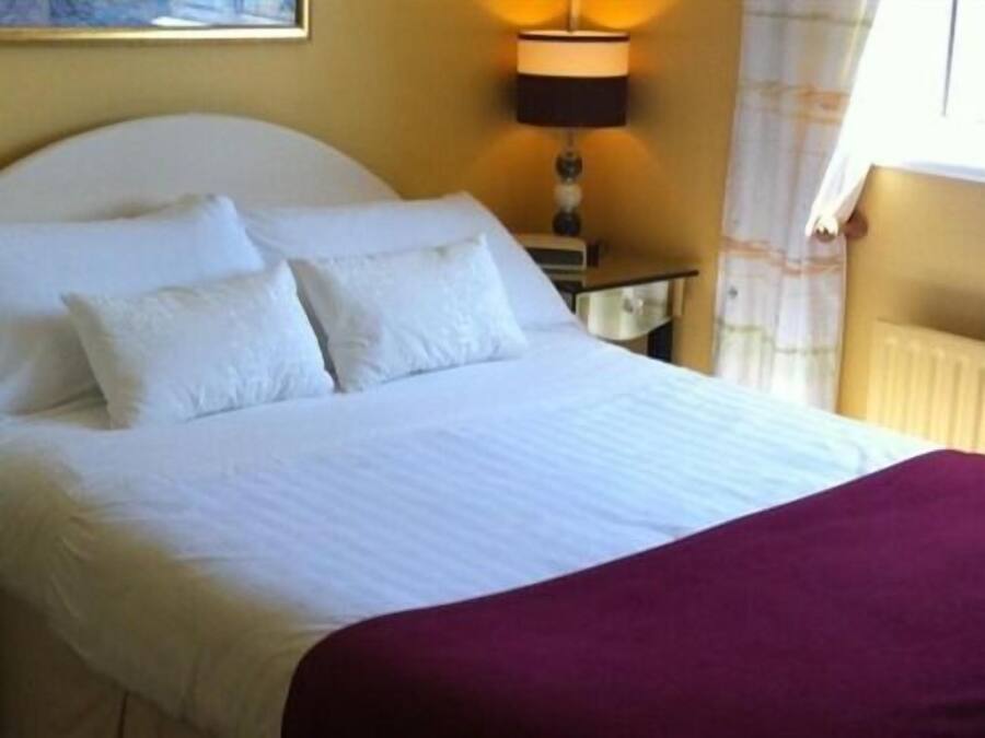 A bed with white bedding and a red blanket, a bedside lamp, and a window with curtains.