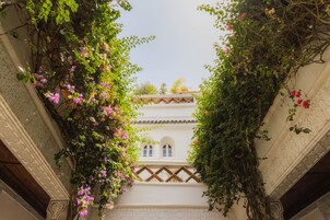 A courtyard with a building featuring ornate architectural details and climbing plants.