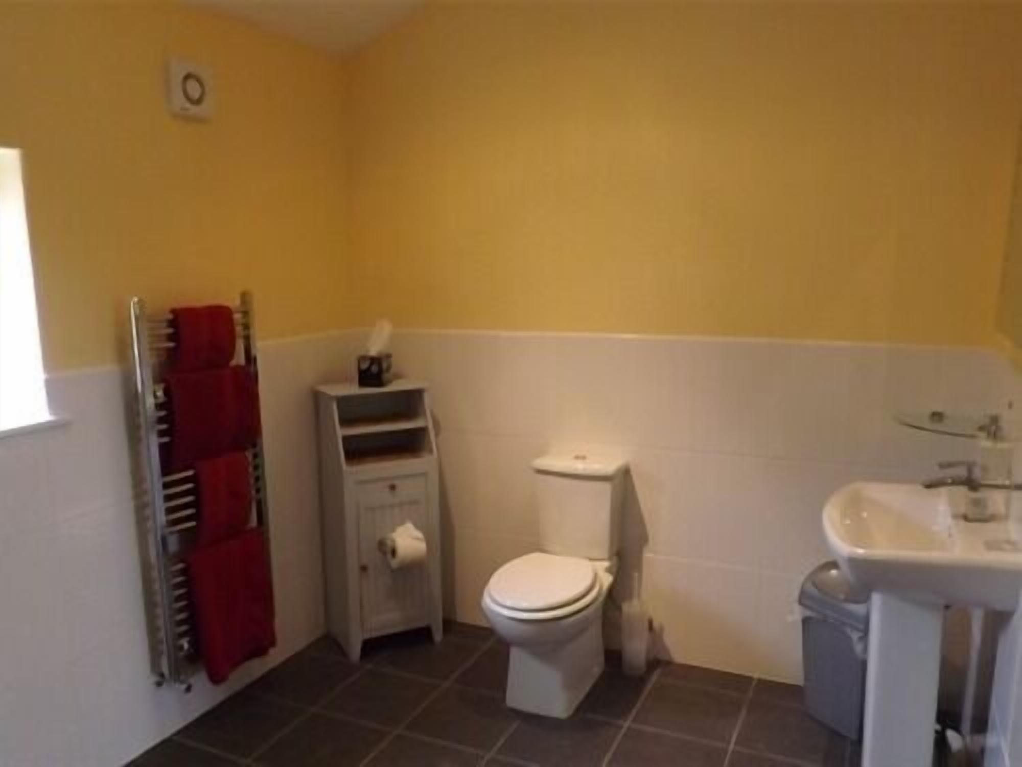 A small bathroom with a toilet, a sink, and a towel rack.