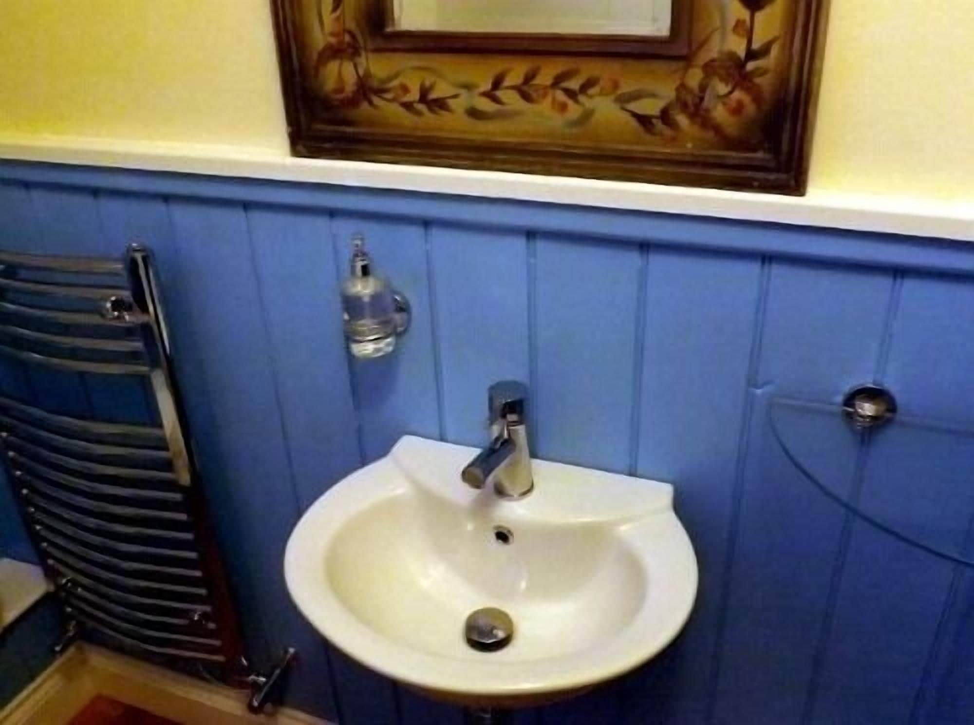 A bathroom with a white sink, blue walls, and a towel rack.