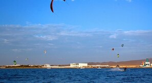 A coastal scene with multiple kites flying over the water, a few buildings in the background, and a person surfing. - Bamboo Paracas Resort (Paracas)