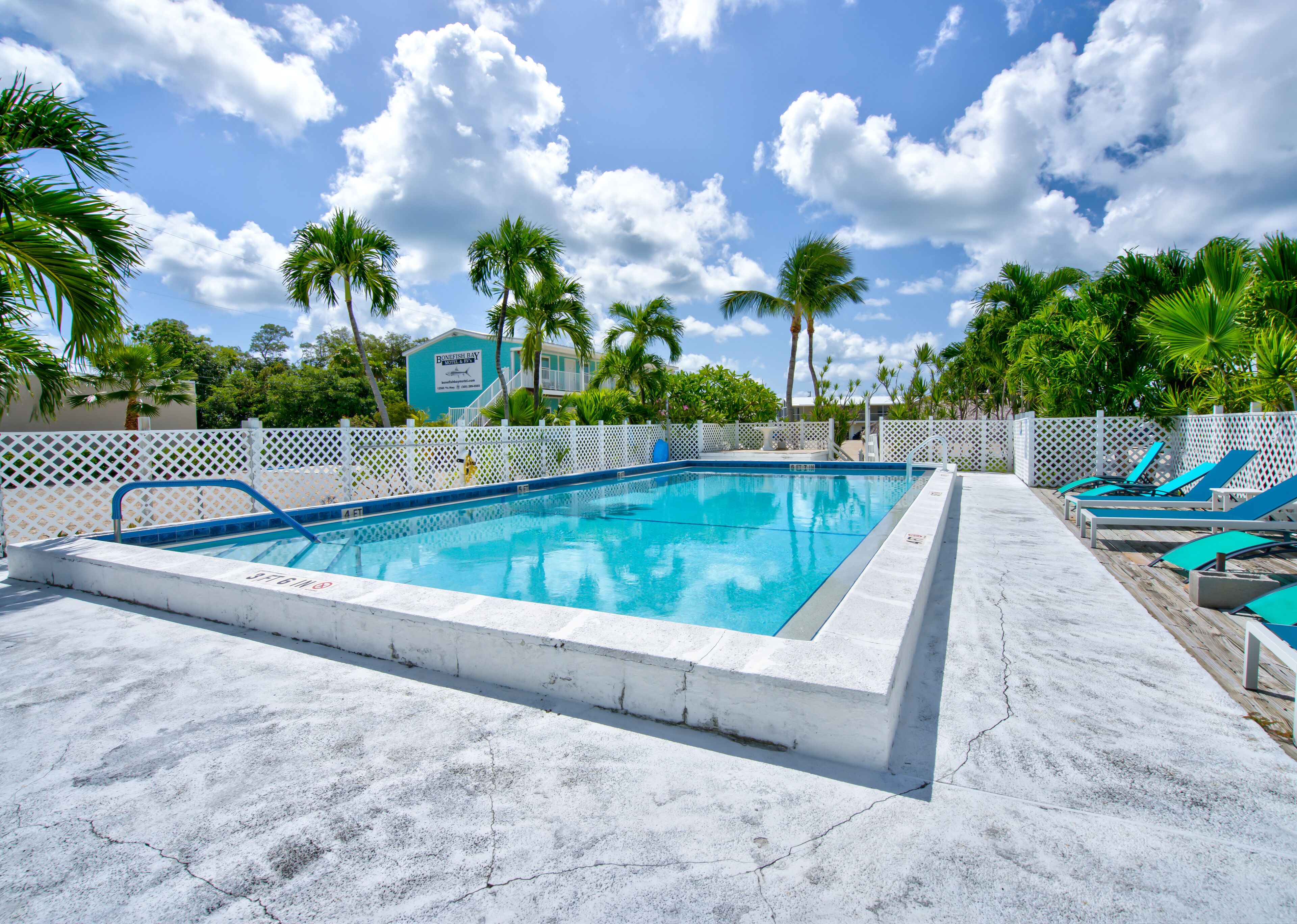 Una piscina rectangular con muelle blanco, rodeada por una valla blanca y palmeras.