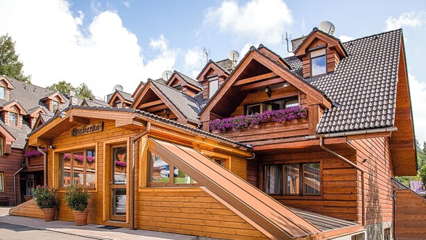 A wooden chalet with a sloped roof, a small attached structure with a sign, and potted plants.