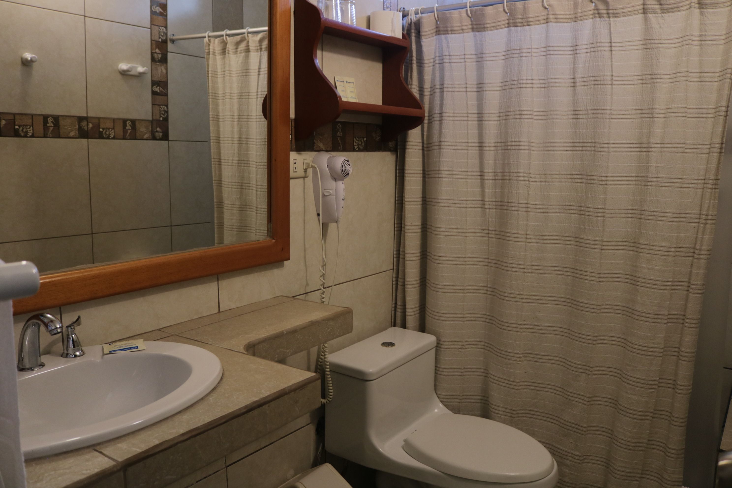 A bathroom with a sink, toilet, and a shower curtain.