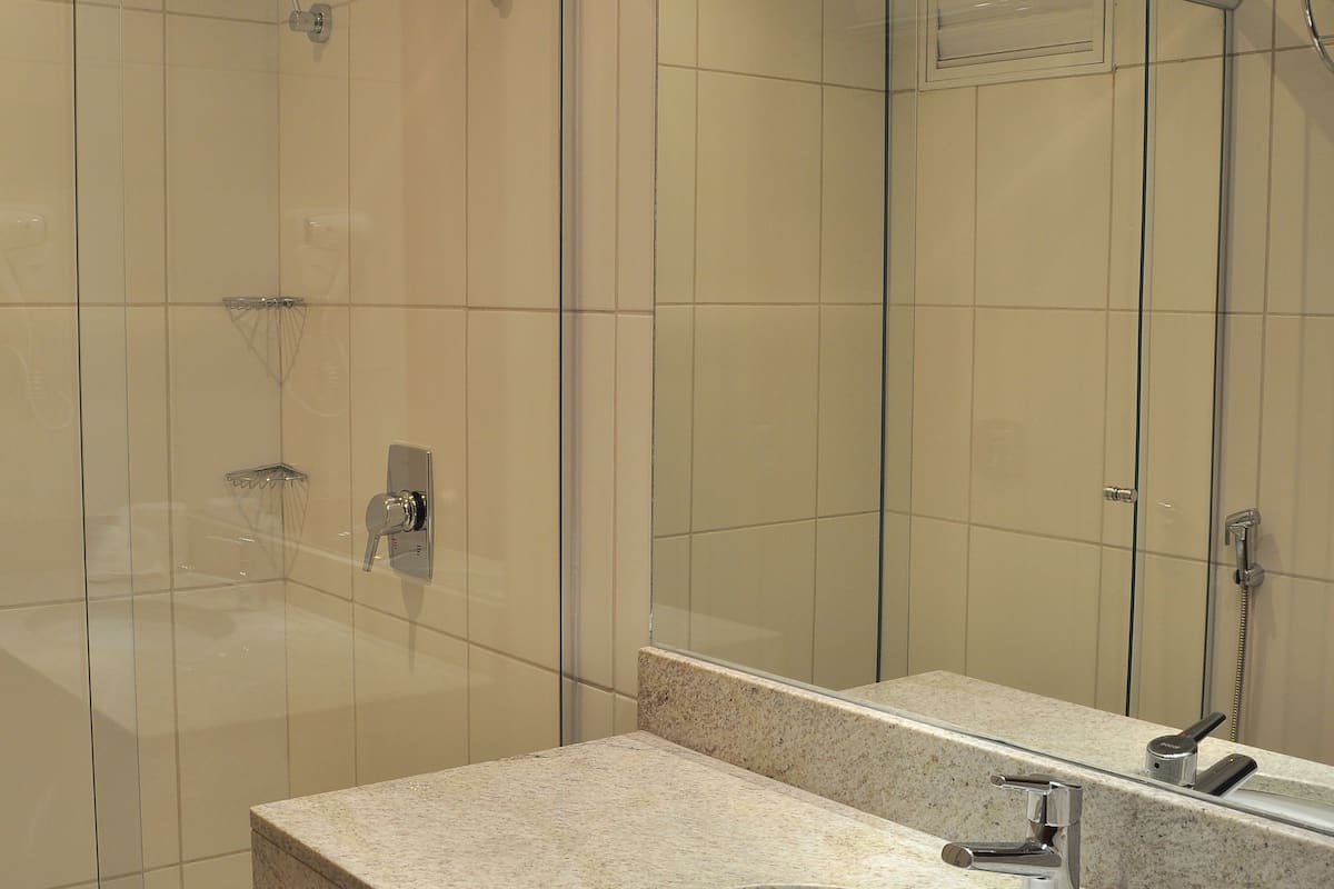 shower, free toiletries, hair dryer, towels