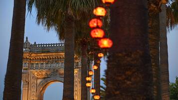 Un arco histórico con intrincados grabados, rodeado de palmeras e iluminado con luces colgantes.