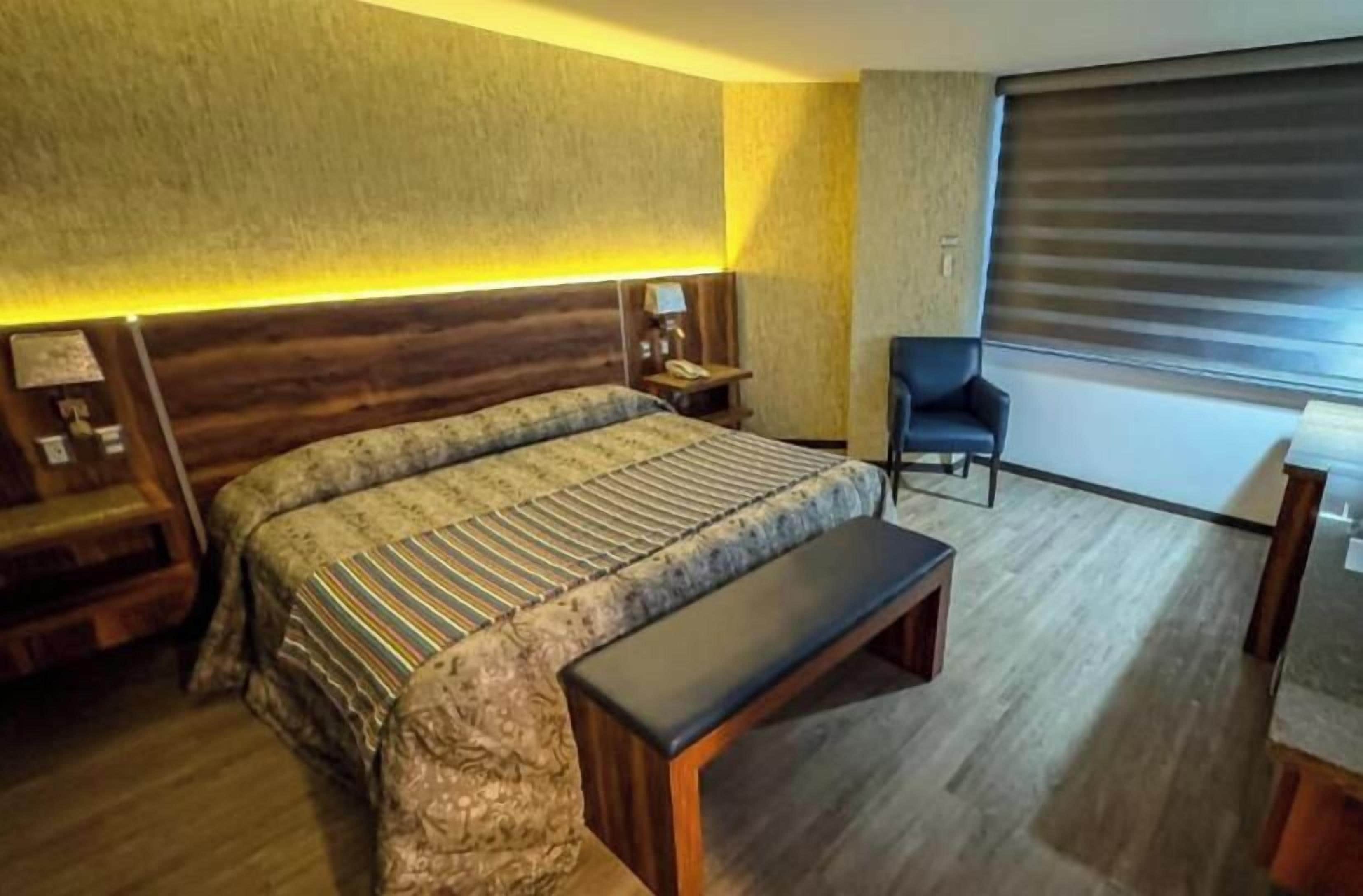 Habitación de hotel con una cama grande, un banco, un escritorio y una silla.