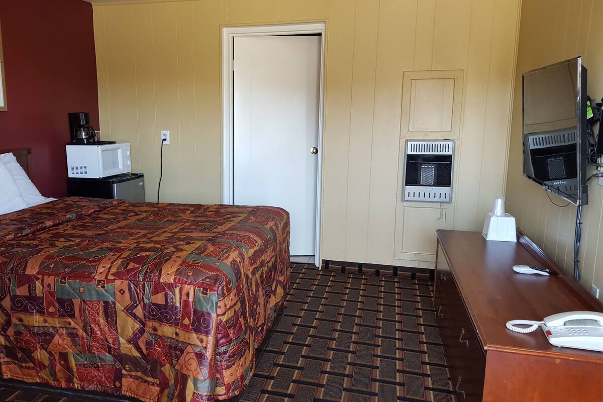 A hotel room with a large bed, a desk with a telephone, a microwave, and a television.