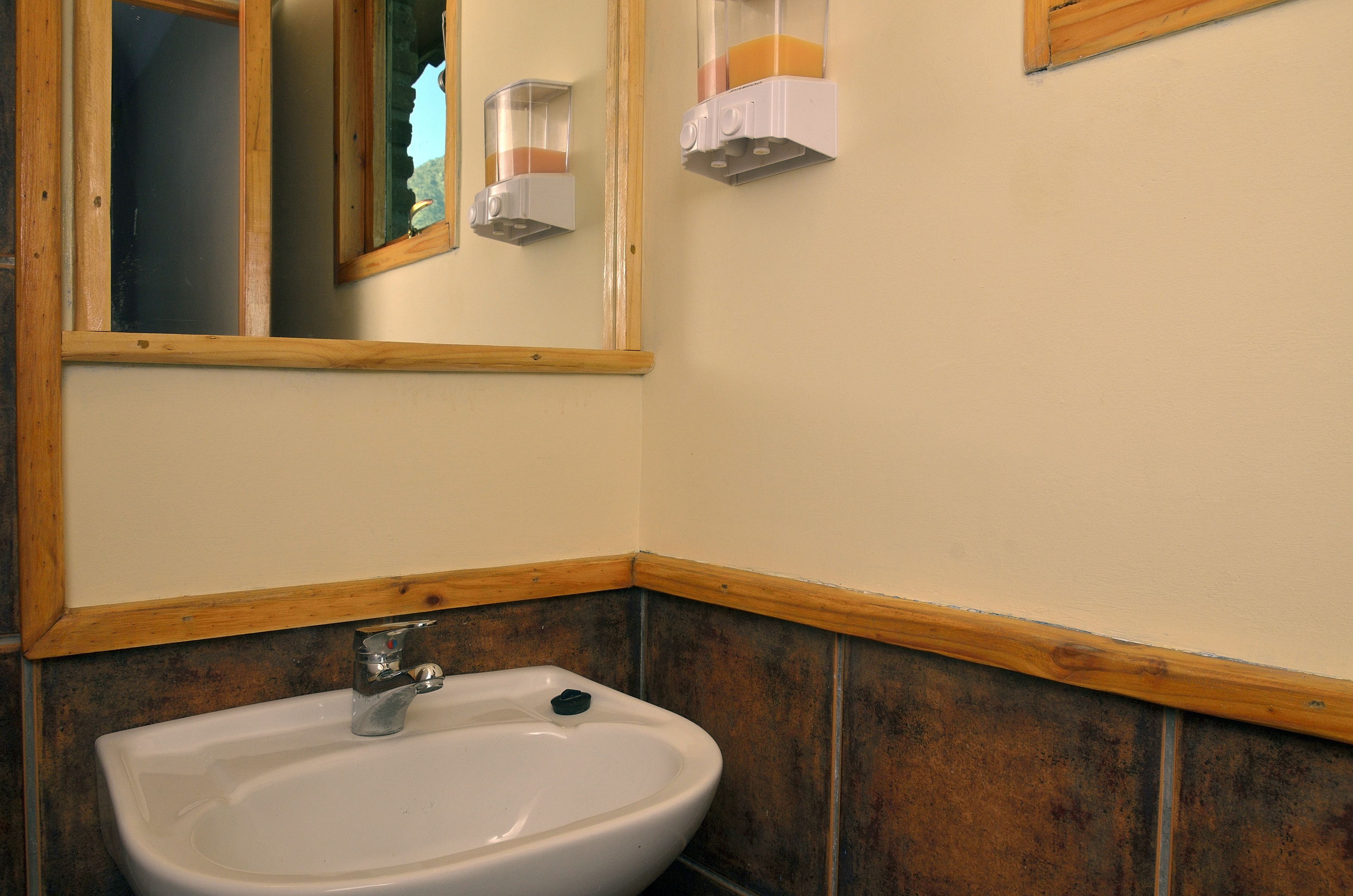 Une salle de bain avec un lavabo blanc, un lambris en bois et un miroir.