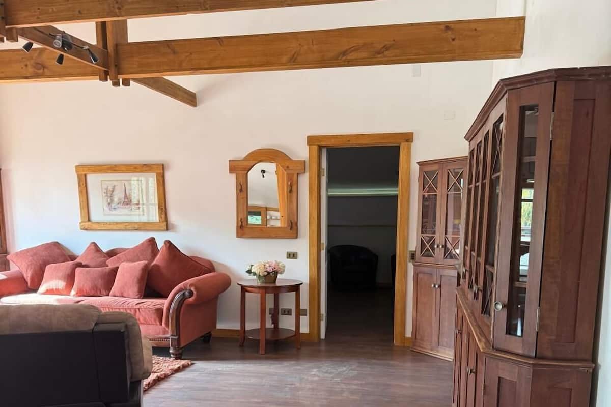 Una habitación con techo de madera, un sofá con cojines, un armario y un espejo en la pared.