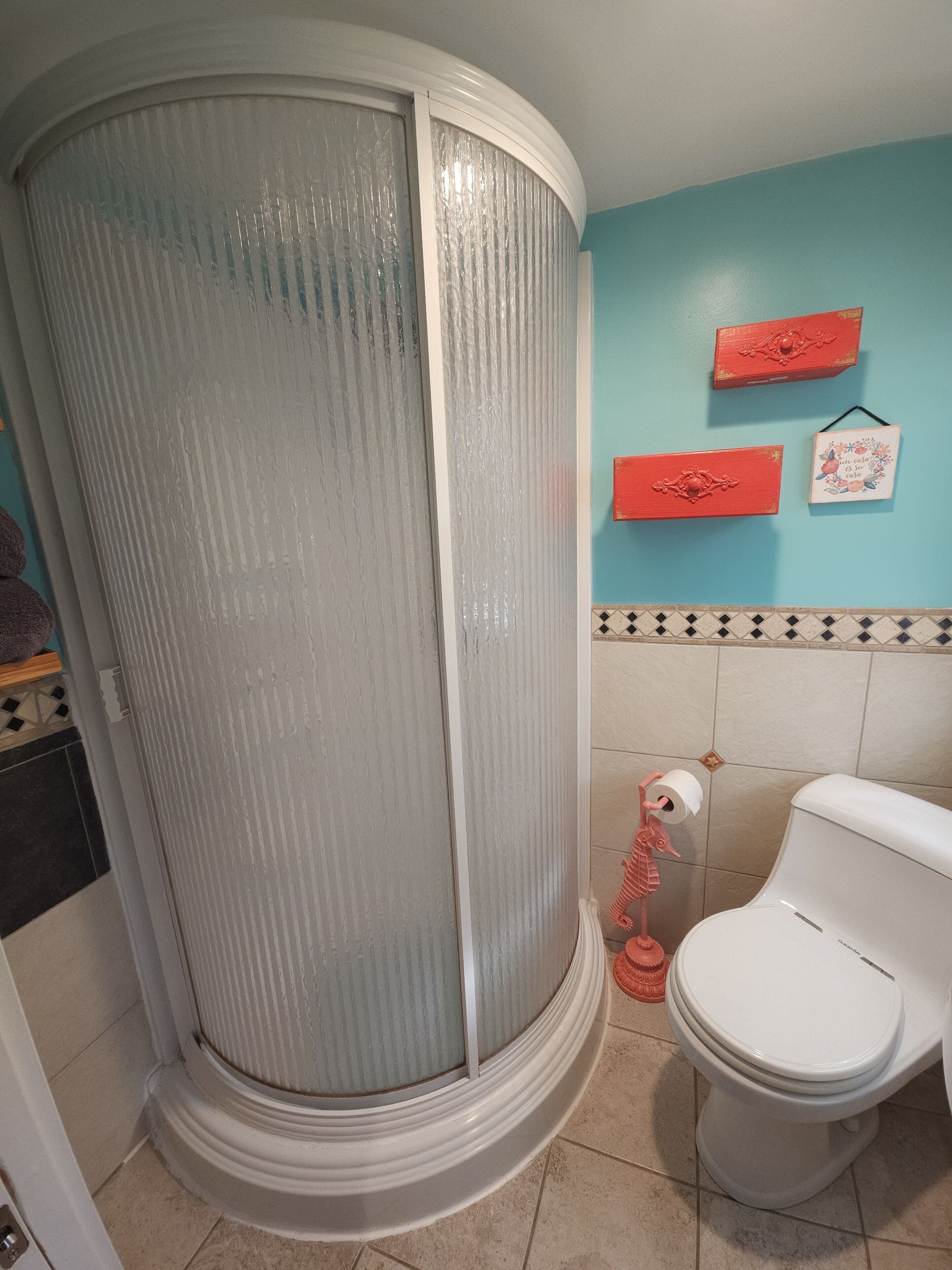 A bathroom with a shower, toilet, and decorative items on the wall.
