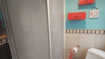 A bathroom with a shower, toilet, and decorative items on the wall.
