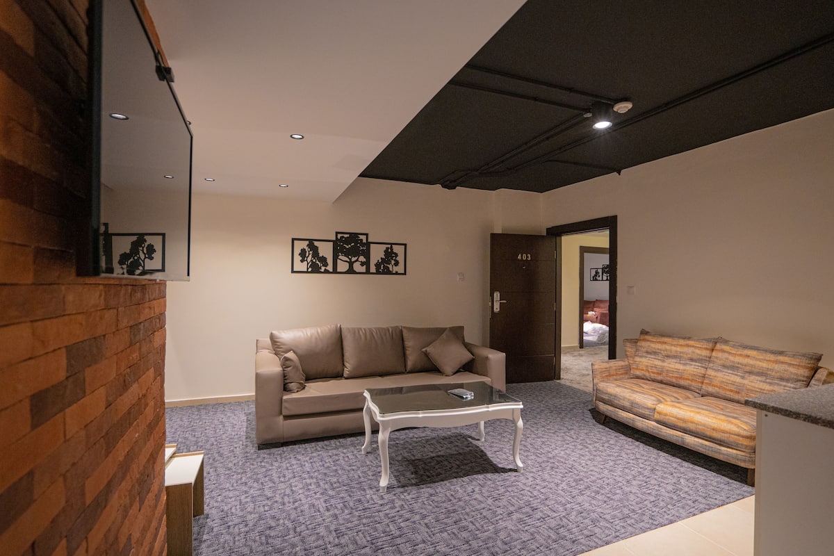 Suite estudio familiar | Área de sala de estar | Televisión LED de 55 pulgadas con canales vía satélite y televisión