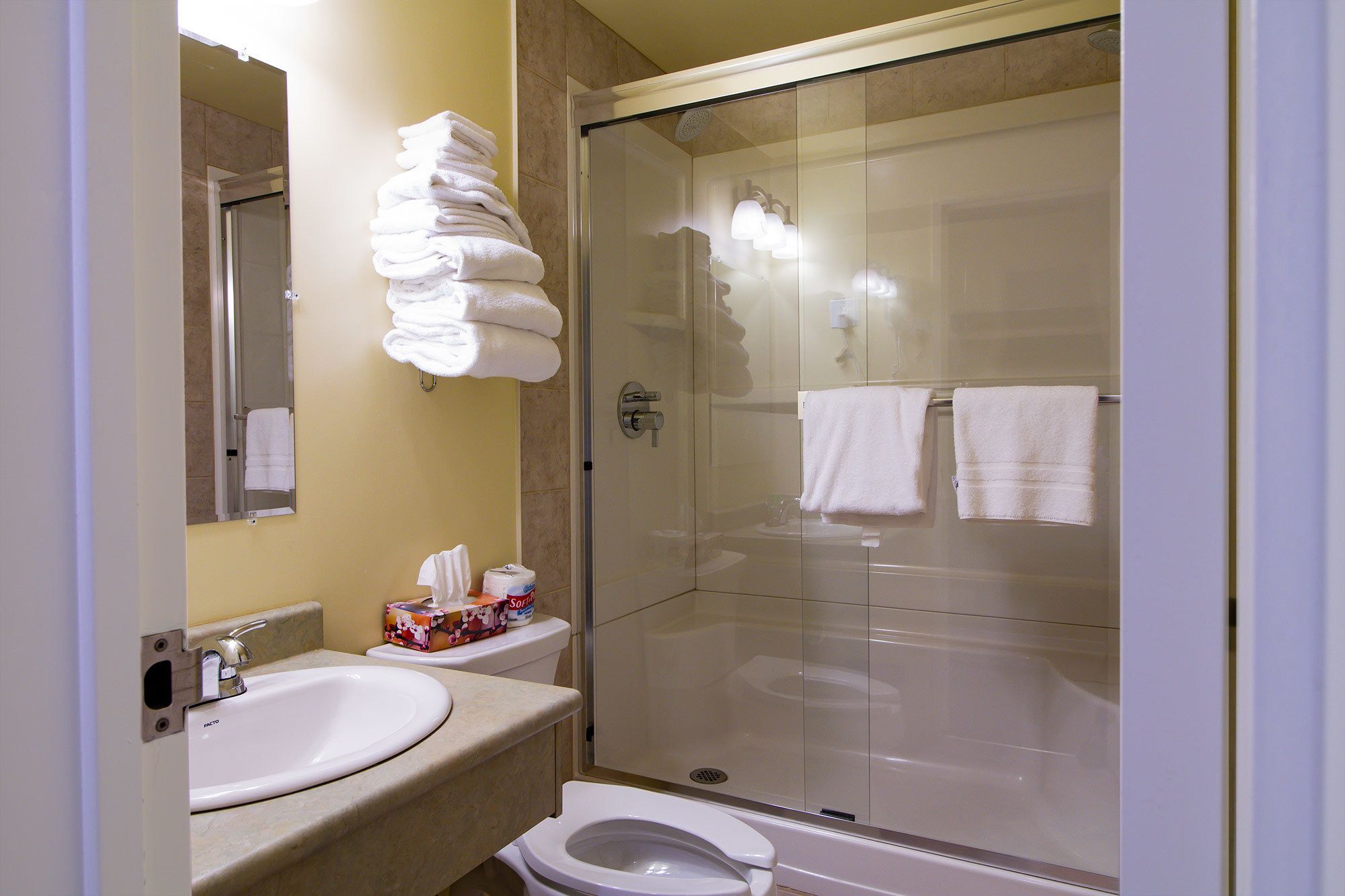 Duschwanne, kostenlose Toilettenartikel, Haartrockner, Handtücher