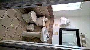 Une salle de bain équipée de toilettes, d’un bidet et d’un lavabo. Des serviettes sont accrochées au mur, et la porte est dotée d’un miroir.
