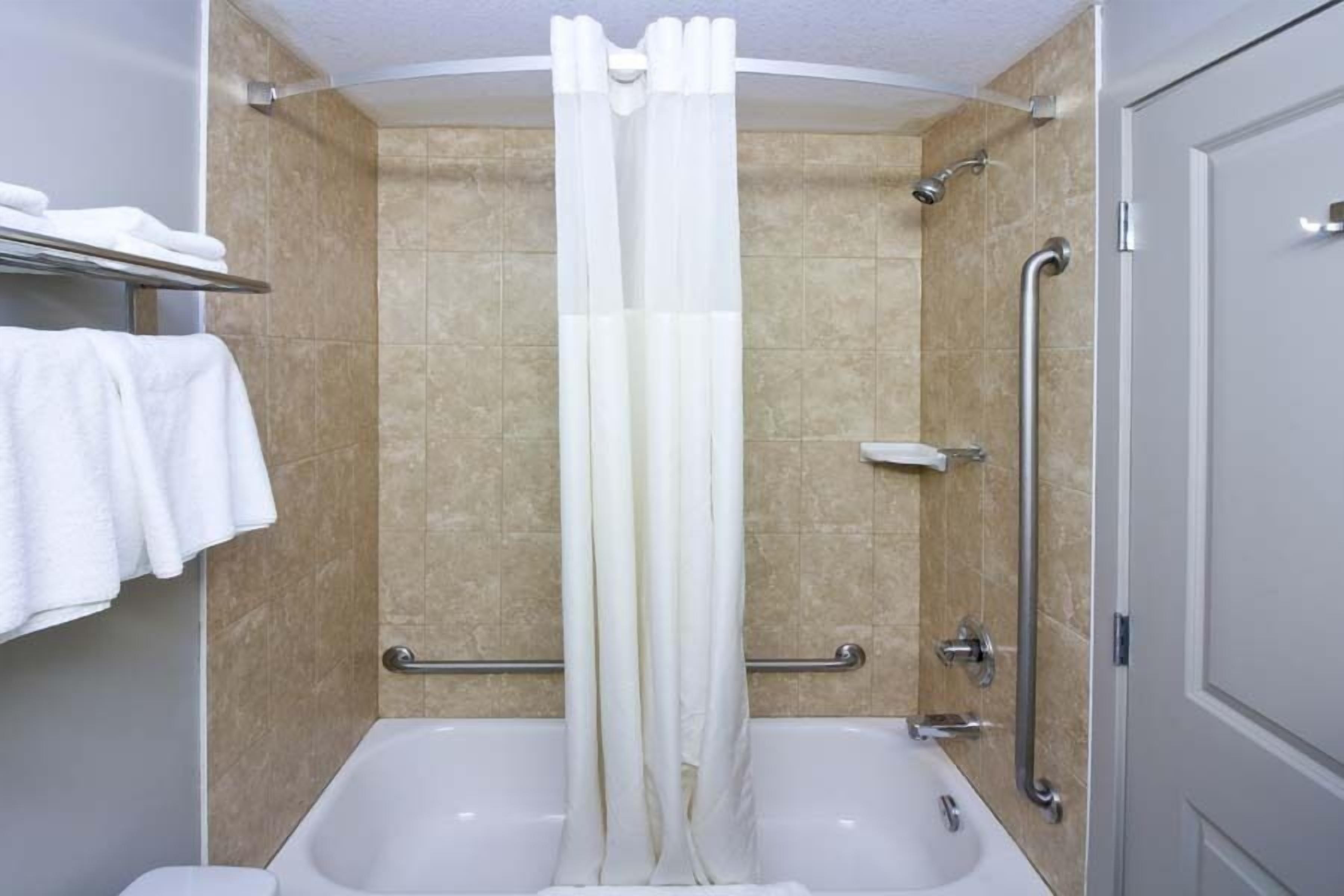 A bathroom with a shower, a bathtub, and a handrail.