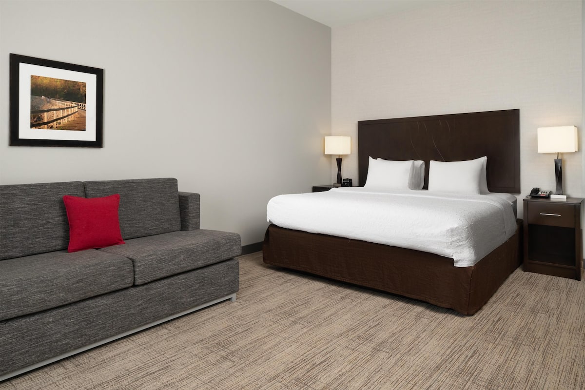 A hotel room with a large bed, two bedside tables with lamps, a grey sofa with a red pillow, and a framed picture on the wall.