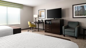A hotel room with a large bed, a desk with a chair, a television, and artwork on the walls. - Hampton Inn Fairmont (Fairmont)