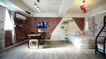 Hypo-allergenic bedding, desk, laptop workspace, blackout curtains