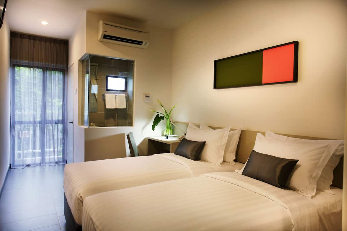Desk, laptop workspace, free WiFi, bed sheets