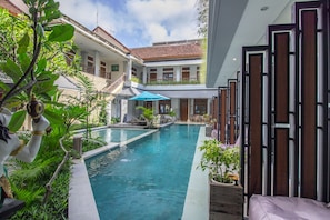 Outdoor pool, sun loungers