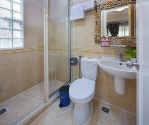 Shower, free toiletries, hair dryer, slippers